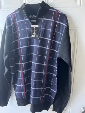 Studio Men’s Navy Windowpane Quarter-Zip Sweater with Burgundy Stripes #8